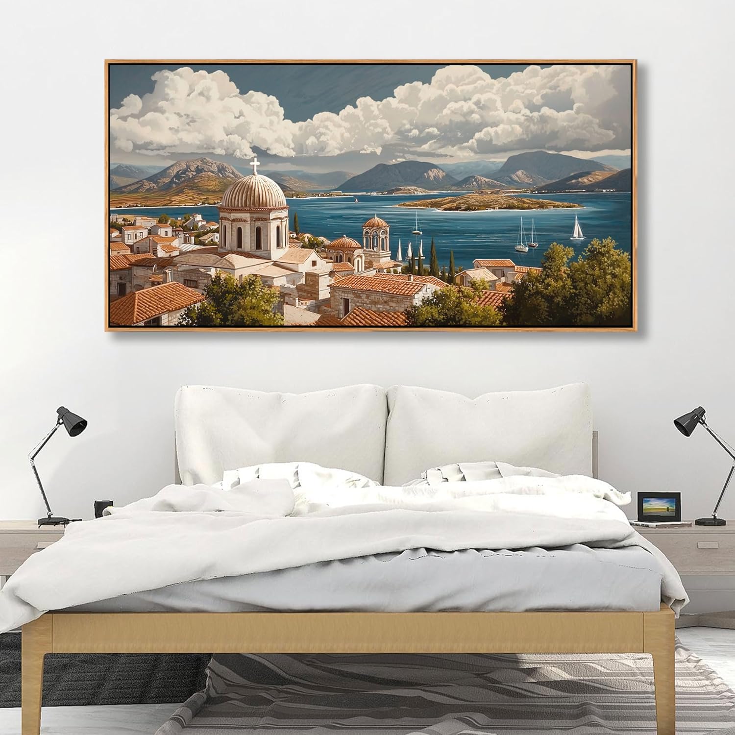 YDYSUNE Ocean Wall Art - Village Large Canvas Art Wall Decor for Living Room, Bedroom Pictures Retro Seaside PaintingS Decoration Sailboat Artwork Framed Size 24x48 Inches