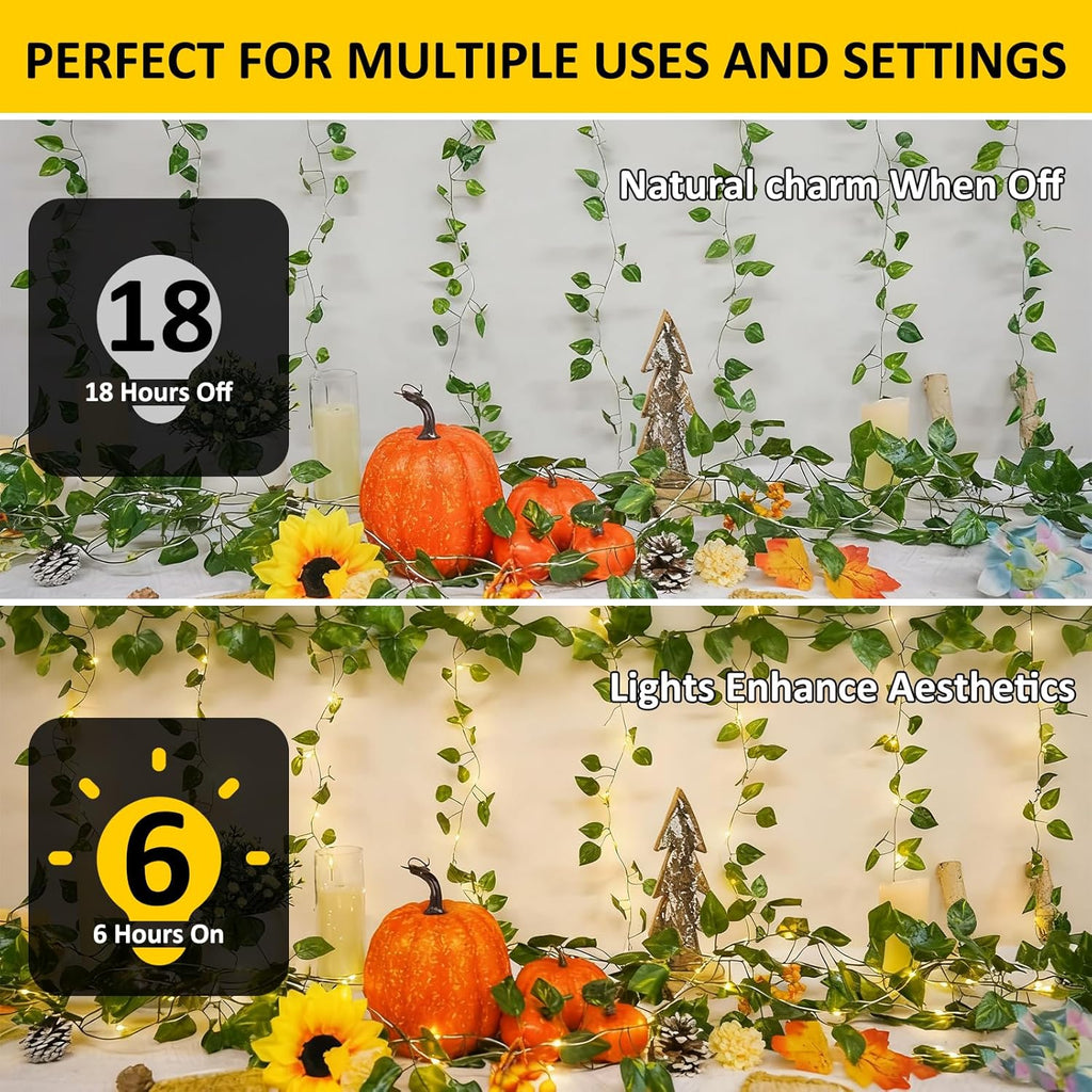 33Ft Vine with Fairy Lights Battery Operated, 100 LED Pothos Leaf Vine Lights with Remote, Leaf Lights for Bedroom Room Wall Garden Party Wedding Decor (Warm White)