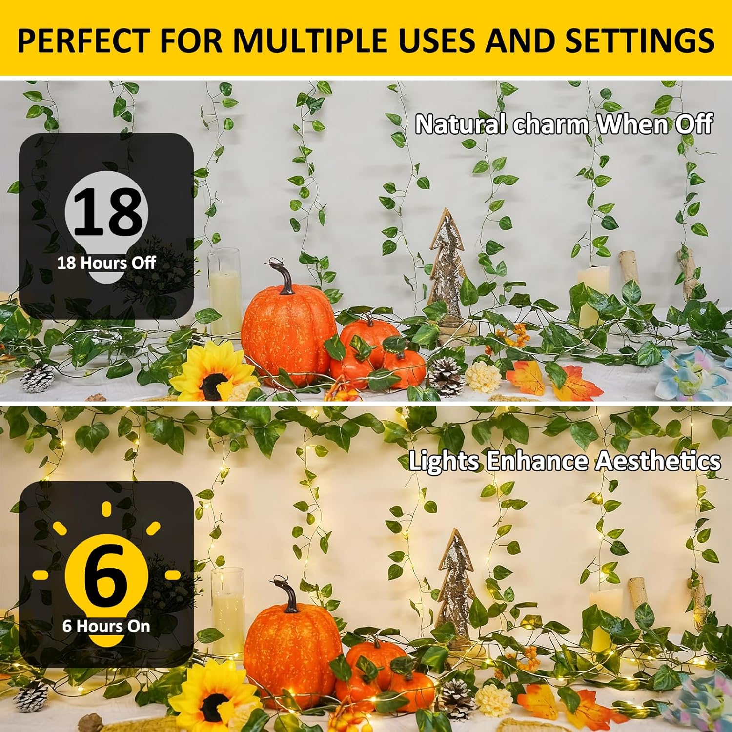 33Ft Vine with Fairy Lights Battery Operated, 100 LED Pothos Leaf Vine Lights with Remote, Leaf Lights for Bedroom Room Wall Garden Party Wedding Decor (Warm White)