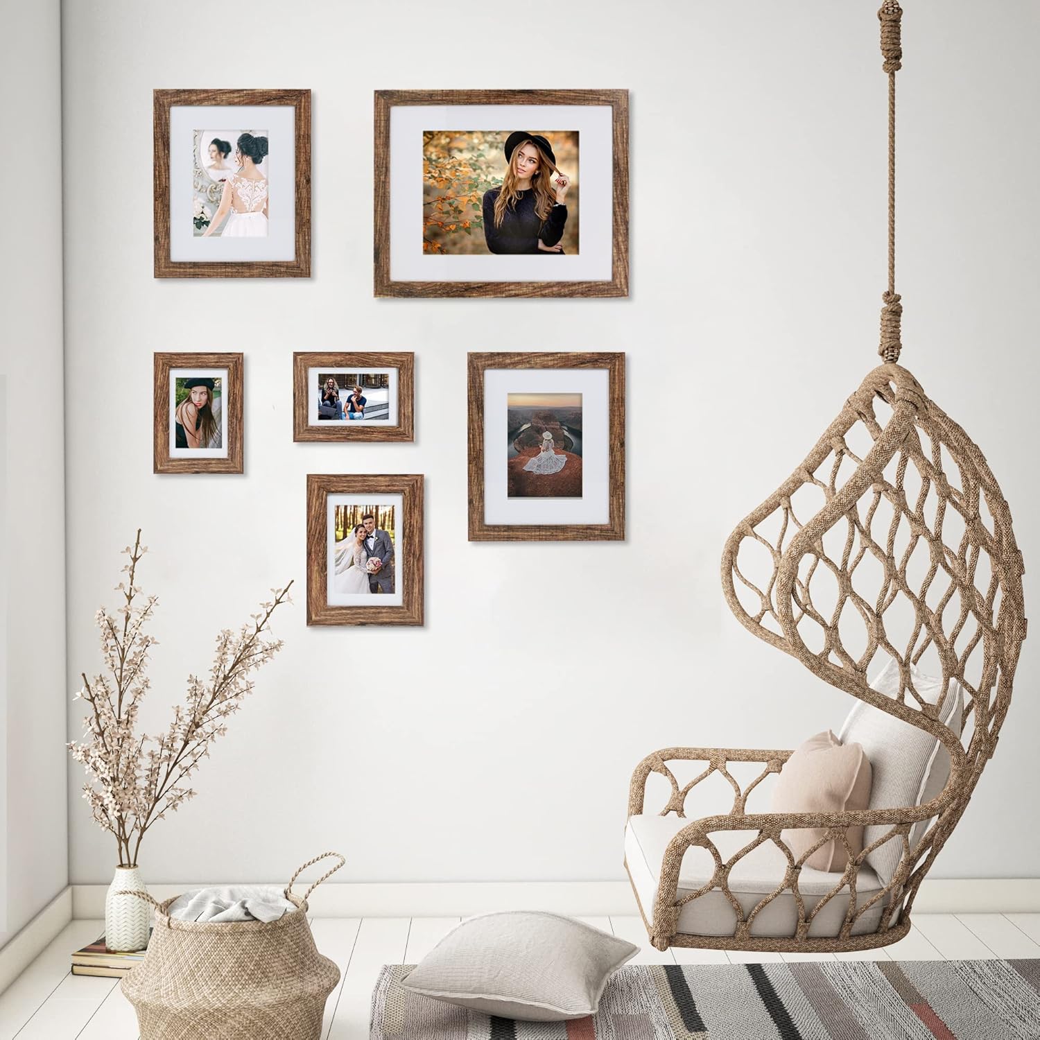 5x7 Picture Frame Set of 4, Made of Real Glass and Rustic Brown Wooden Frame, 5 by 7 Photo for Wall or Tabletop - Display Picture 4x6 with Mat or 5x7 Without Mat