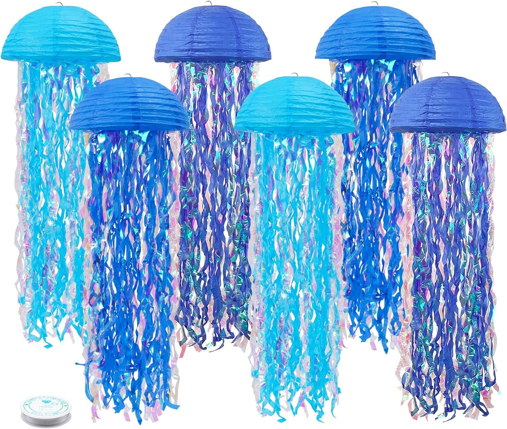 Mermaid Birthday Decorations, Jellyfish Paper Lanterns for Mermaid Party Baby Shower Under The Sea Ocean Blue Birthday Party Decorations Pack of 6 Blue