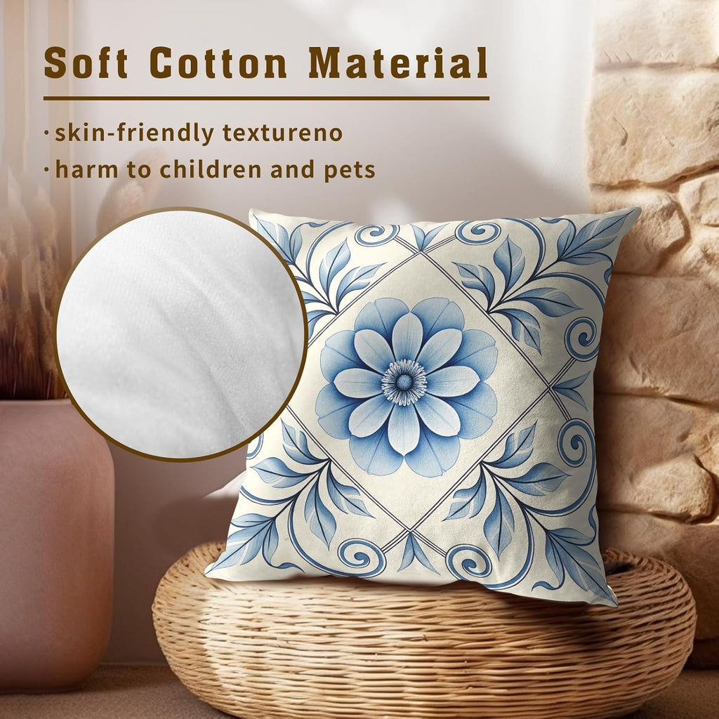 Blue and White Floral Throw Pillow Covers Set of 2 Ultra-Soft All-Season Pillow Shams with Hidden Zipper,Durable for Sofa Bed Car Decor & Gift 18x18IN