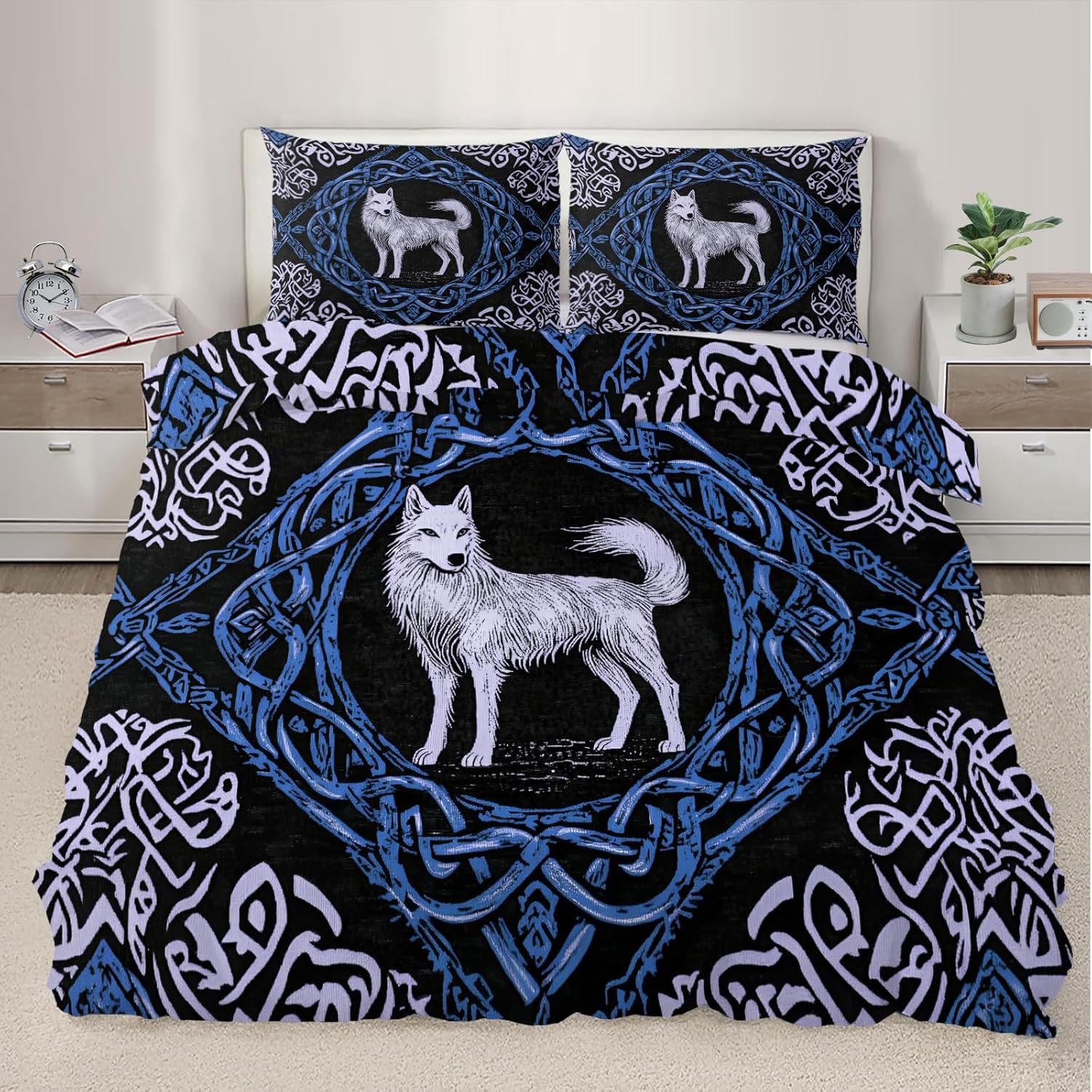 Viking Wolf Duvet Cover Queen Size, Norse Mythology Bedding Set 3 Piece Bedroom Decor Abstract Mid Century Comforter Cover with Zipper Ties & 2 Pillowcases