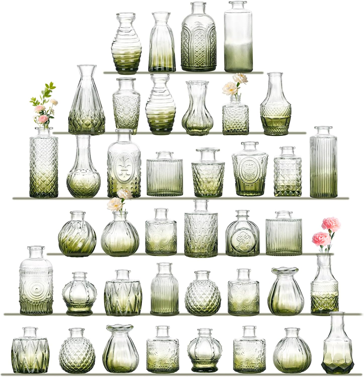 Green Bud Vases Set of 40, Mini Flower Vase for Centerpieces, Small Glass Bud Vases in Bulk for Wedding Decorations, Vintage Vase for Table, Recepetion, Home Décor