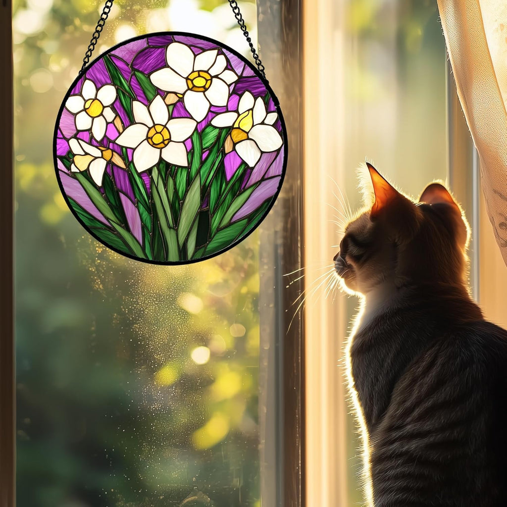Stained Glass Window Hanging 4 Pcs Set Tulips Plum Flower Daffodils Hyacinths Large 11.8" - Suncatcher Door Garden Sun Catcher Decor Birthday Mother's Day for Mom Woman Nana