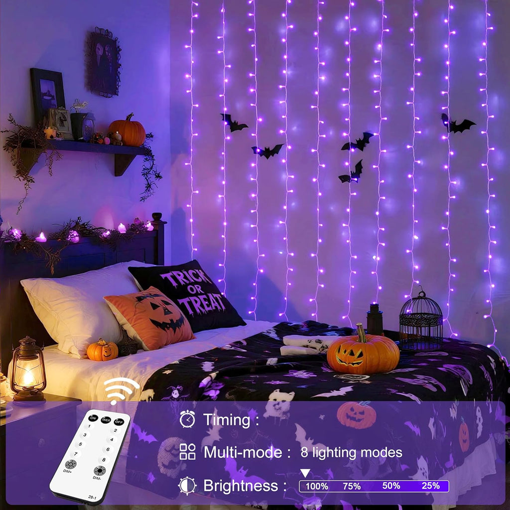 JMEXSUSS 300LED Purple Christmas Lights with Remote, Curtain Hanging Light Plug in, 8 Modes Purple String Lights for Bedroom Window Wall Party Backdrop Halloween Christmas Decorations