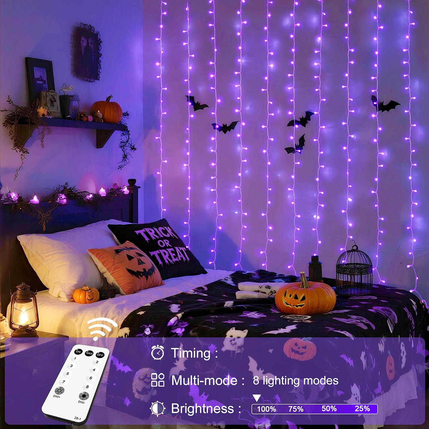 JMEXSUSS 300LED Purple Christmas Lights with Remote, Curtain Hanging Light Plug in, 8 Modes Purple String Lights for Bedroom Window Wall Party Backdrop Halloween Christmas Decorations