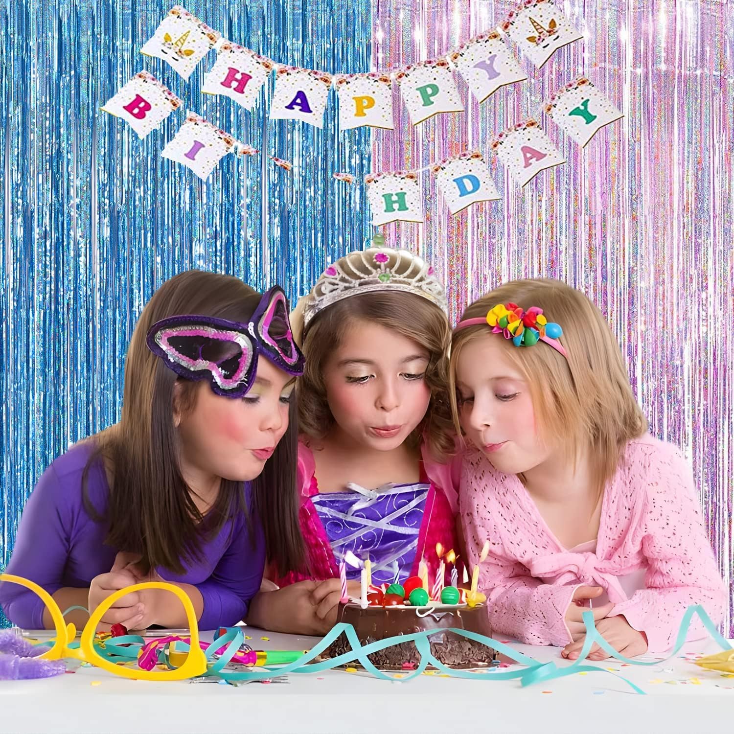 BRAVESHINE Pink Blue Tinsel Foil Fringe Curtains - 2Pcs 3.2x8.2ft Holidays Photo Streamers Backdrop for Christmas/Mermaid/Princess/Easter/Girl or Boy Birthdays/Bridal Shower Party Supplies Decorations