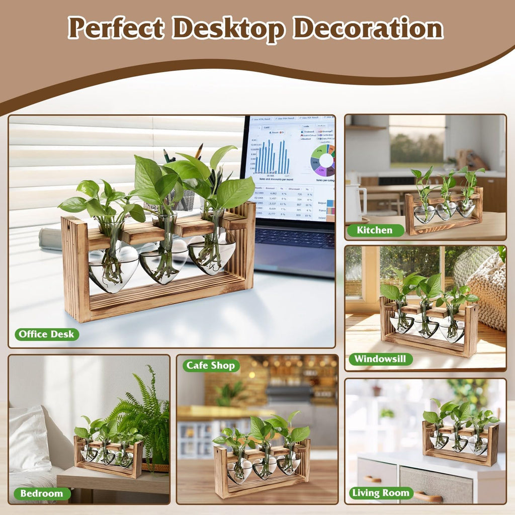 Plant Propagation Station, Plant Terrarium with Wooden Stand, Tabletop Glass Planter Desktop Plants Propagation Vase for Hydroponics Plants - 3 Heart Shaped Vases