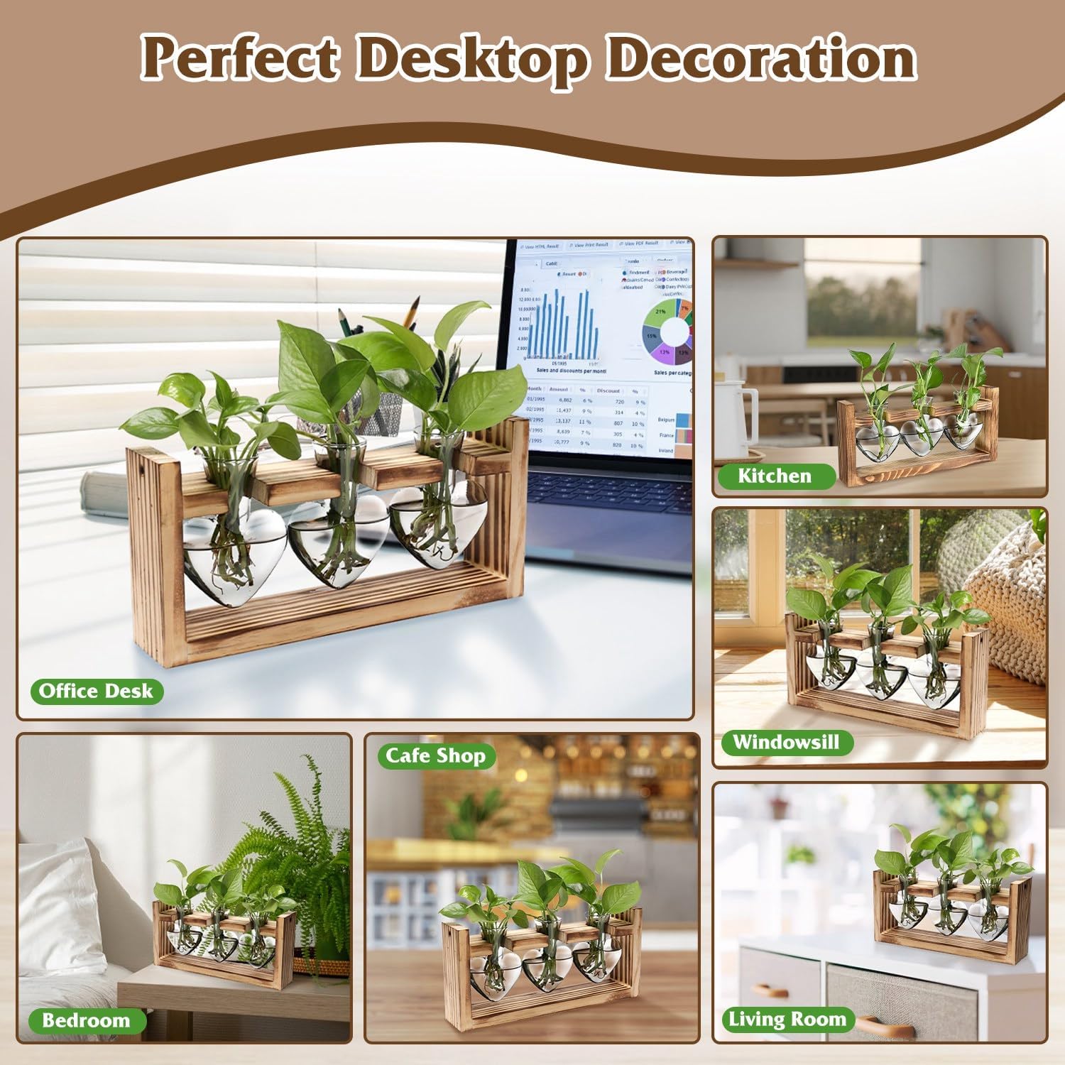 Plant Propagation Station, Plant Terrarium with Wooden Stand, Tabletop Glass Planter Desktop Plants Propagation Vase for Hydroponics Plants - 3 Heart Shaped Vases