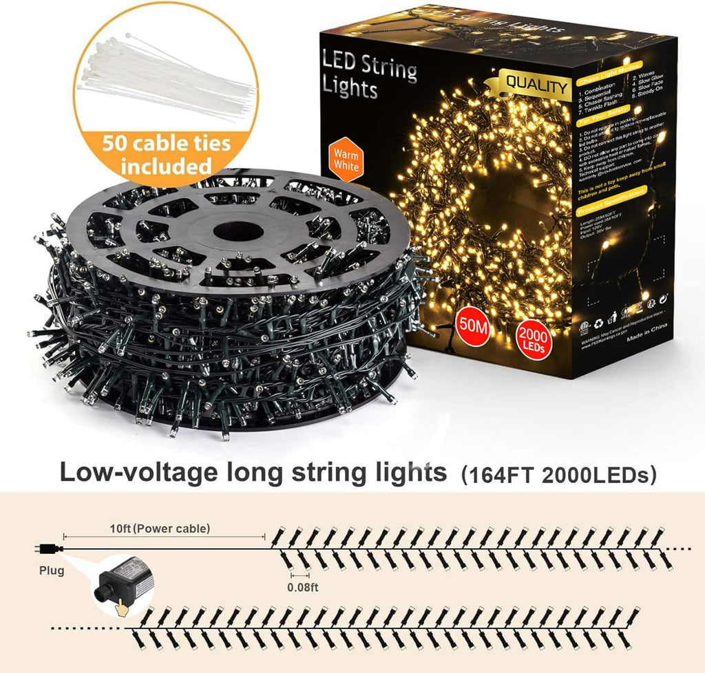 Novtech Christmas LED Outdoor String Lights 164FT 2000LEDs Xmas Fairy Plug in Christmas Lights - Waterproof Decorative String Lights for Home Garden Wedding Party Holiday - Warm White