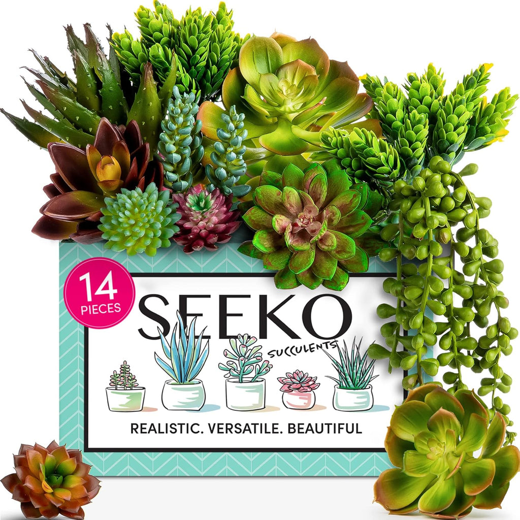 SEEKO Succulents Fake Succulents (14 Pack) – Premium Artificial Succulents Plants for Crafts - Small Assortment for Party, Garden, Home, Outdoor & DIY Floral Decor