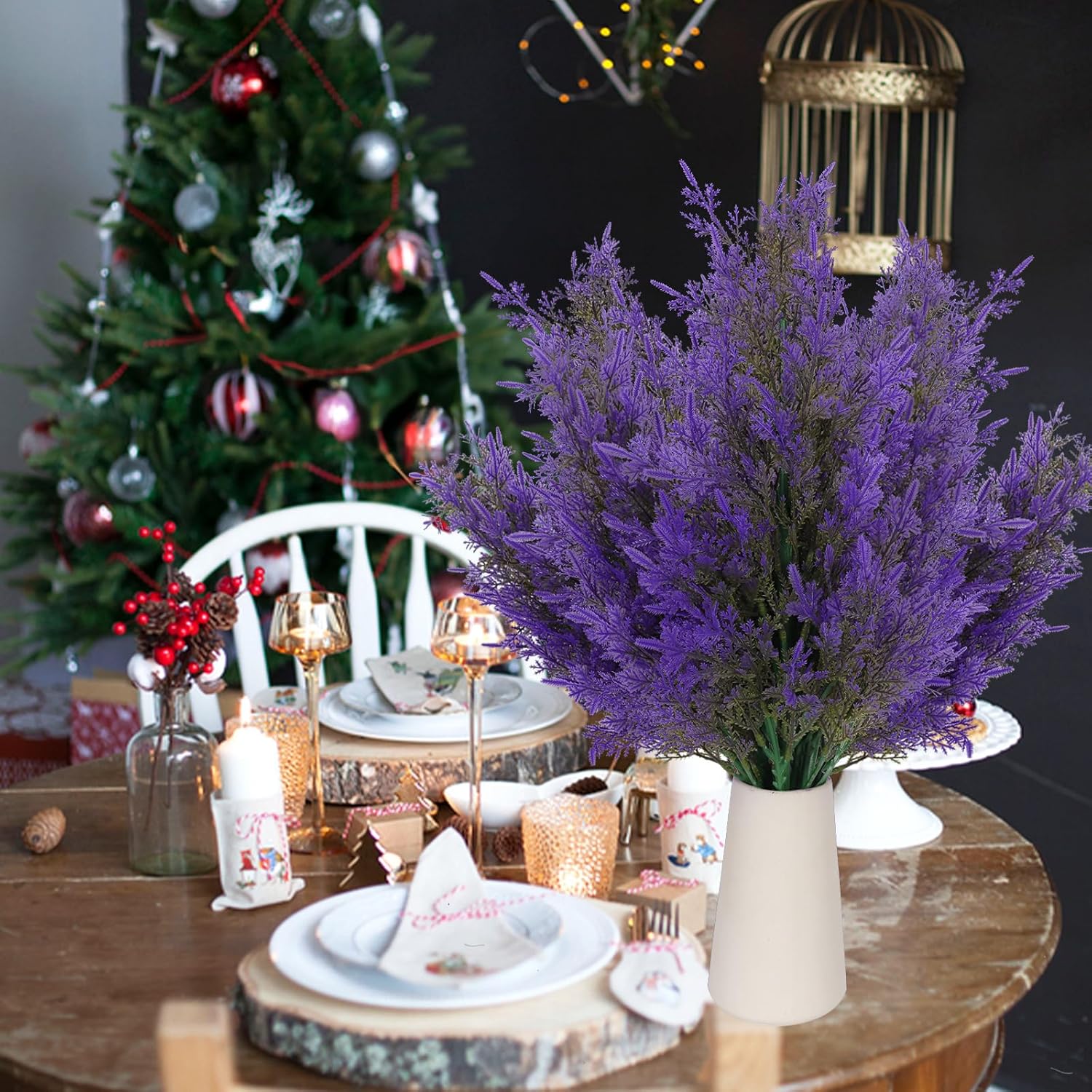 RECUTMS Fake Foliage Pine Needles Picks,Christmas Greenery,Artificial Pine Branches Faux Cedar Green Plants Sprigs Stems Plastic Twigs Picks for DIY Garland Wreath Accessories Holiday Decor(Purple)
