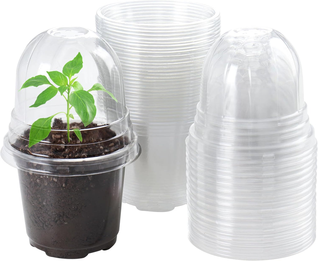30 Packs 4 Inch Reinforced Clear Nursery Pots with Humidity Dome, Transparent Plastic Plant Pot Seedling Planter with Drainage Holes for Vegetable Propagation, Root Cutting, Seed Starting