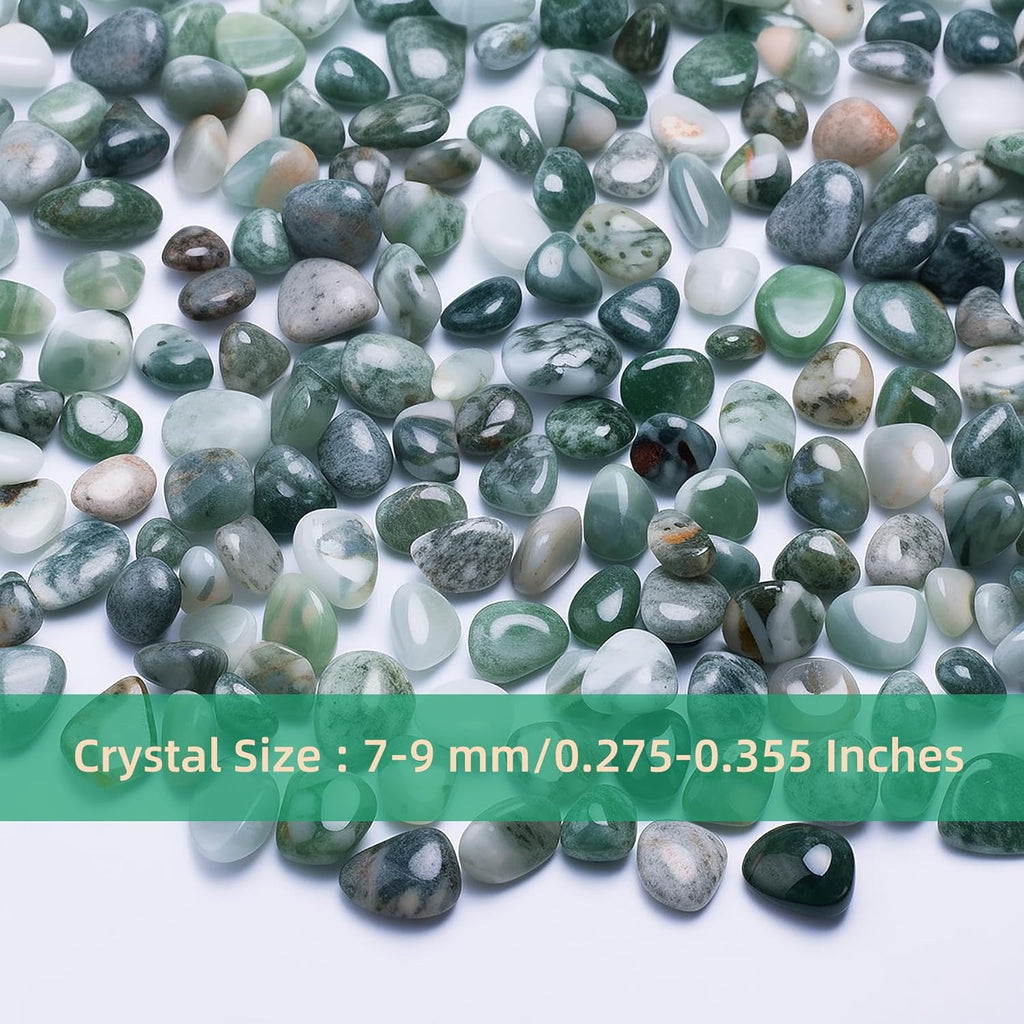 Polished Moss Agate Crystal Chips 200 Pcs - 0.3" 10 oz Tumbled Stone Chips Crushed Sea Glass Stones Healing Reiki Crystal Jewelry Making Home Decoration