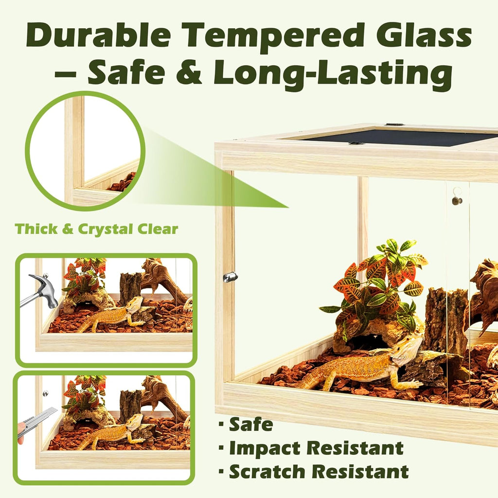 Prolee Tempered Glass Bearded Dragon Tank 28 Gallon, Lizard Tank, Reptile Tank with Metal Mesh Roof Door, Snake Tank with Lock Design, 24" Long, Oak
