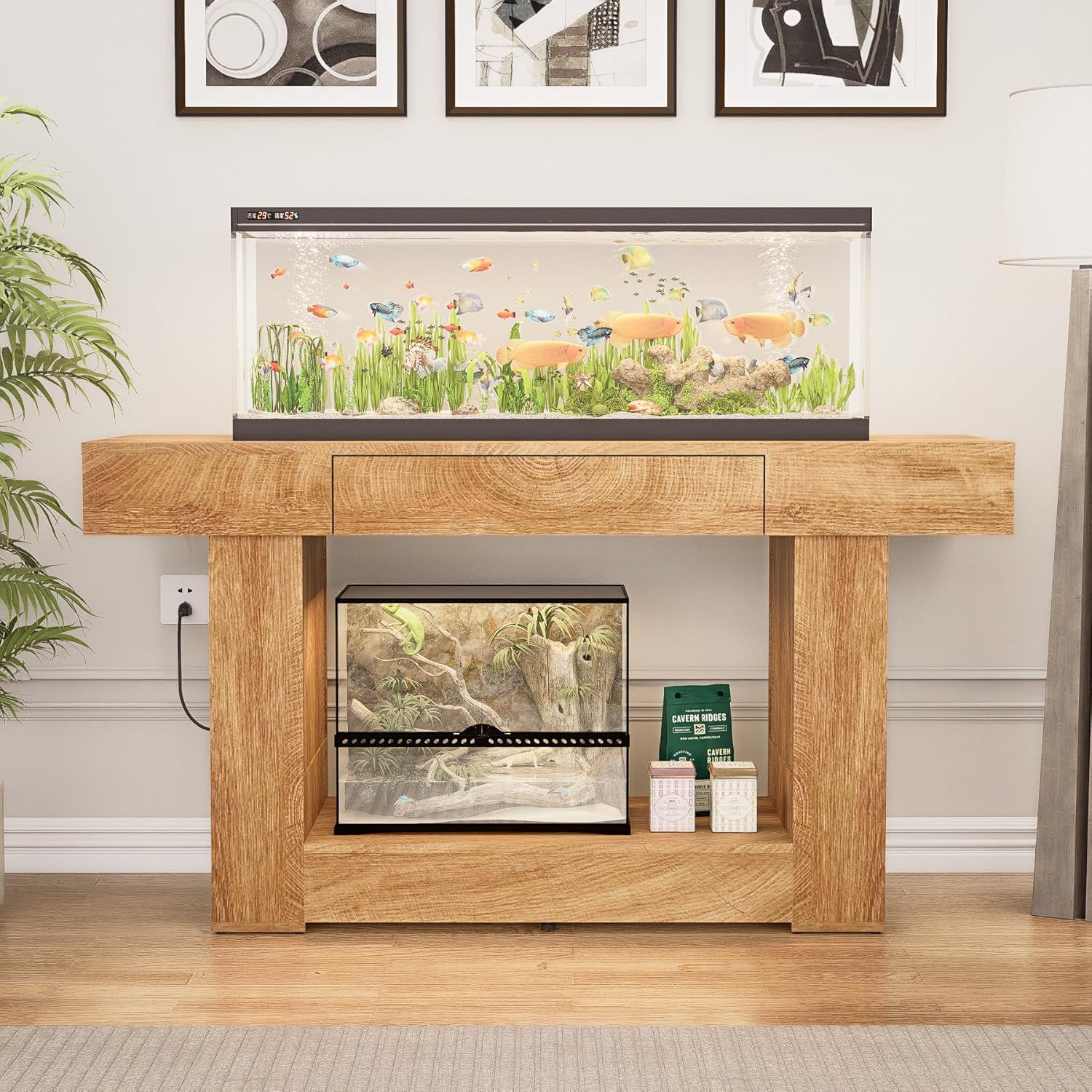 55–75 Gallon Aquarium Stand, Double Fish Tank Table with Power Outlets&USB Heavy Duty MDF Board&Metal Frame Holds 2 Tanks for Fish,Turtle, Reptile,Amphibian Terrariums, Farmhouse Style(Natural)