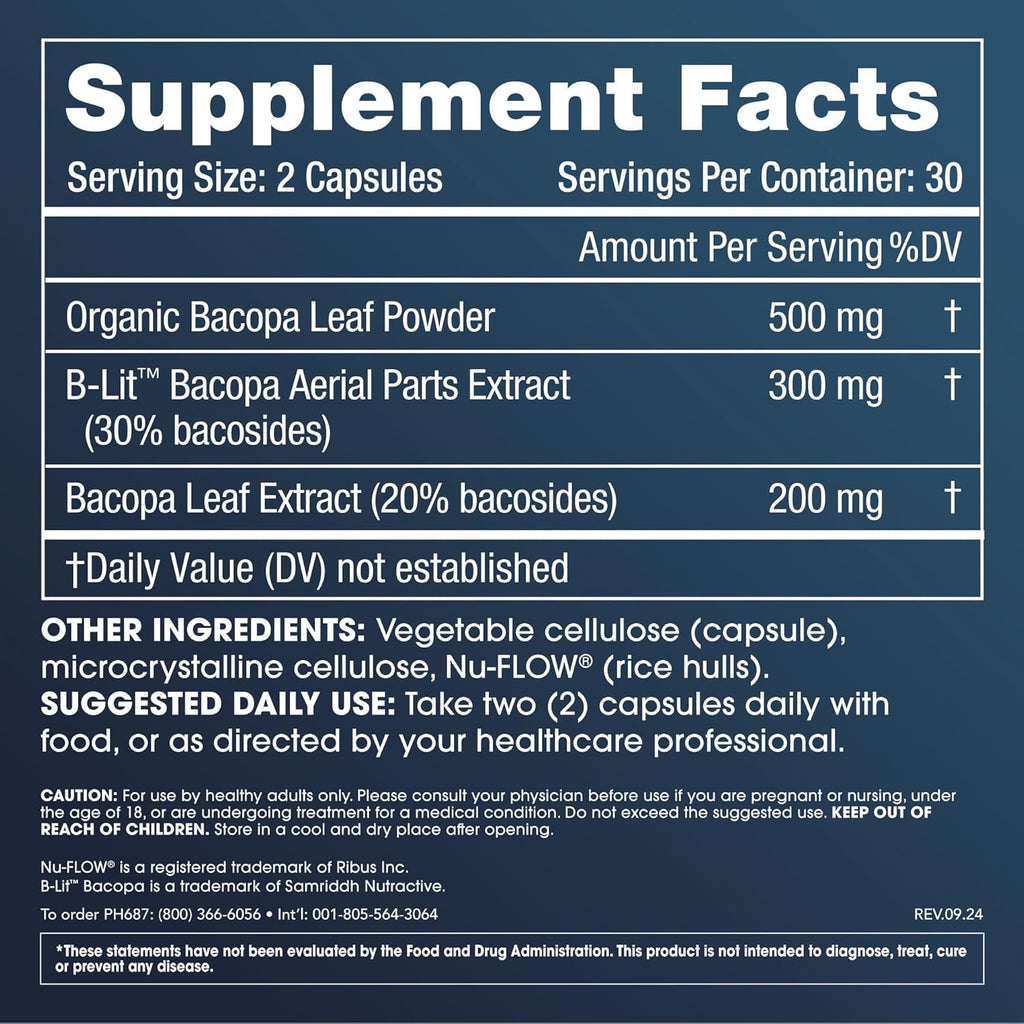 ProHealth Full Spectrum Bacopa 1,000 mg | 60 Capsules | Full Spectrum Bacopa Blend for Calm Mental Clarity, Stress Balance & Sleep Support | USA Manufactured, Triple Lab-Tested