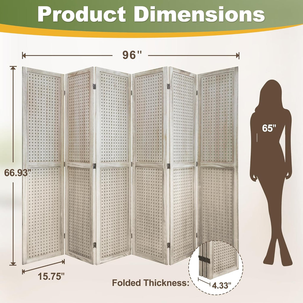 NicBex 6 Panel Pegboard Display,5.6FT Wood PegBoard Room Dividers,Folding Privacy Screens Portable Freestanding Display Board for Craft/Art Shows,Room Separation,Natural Wood