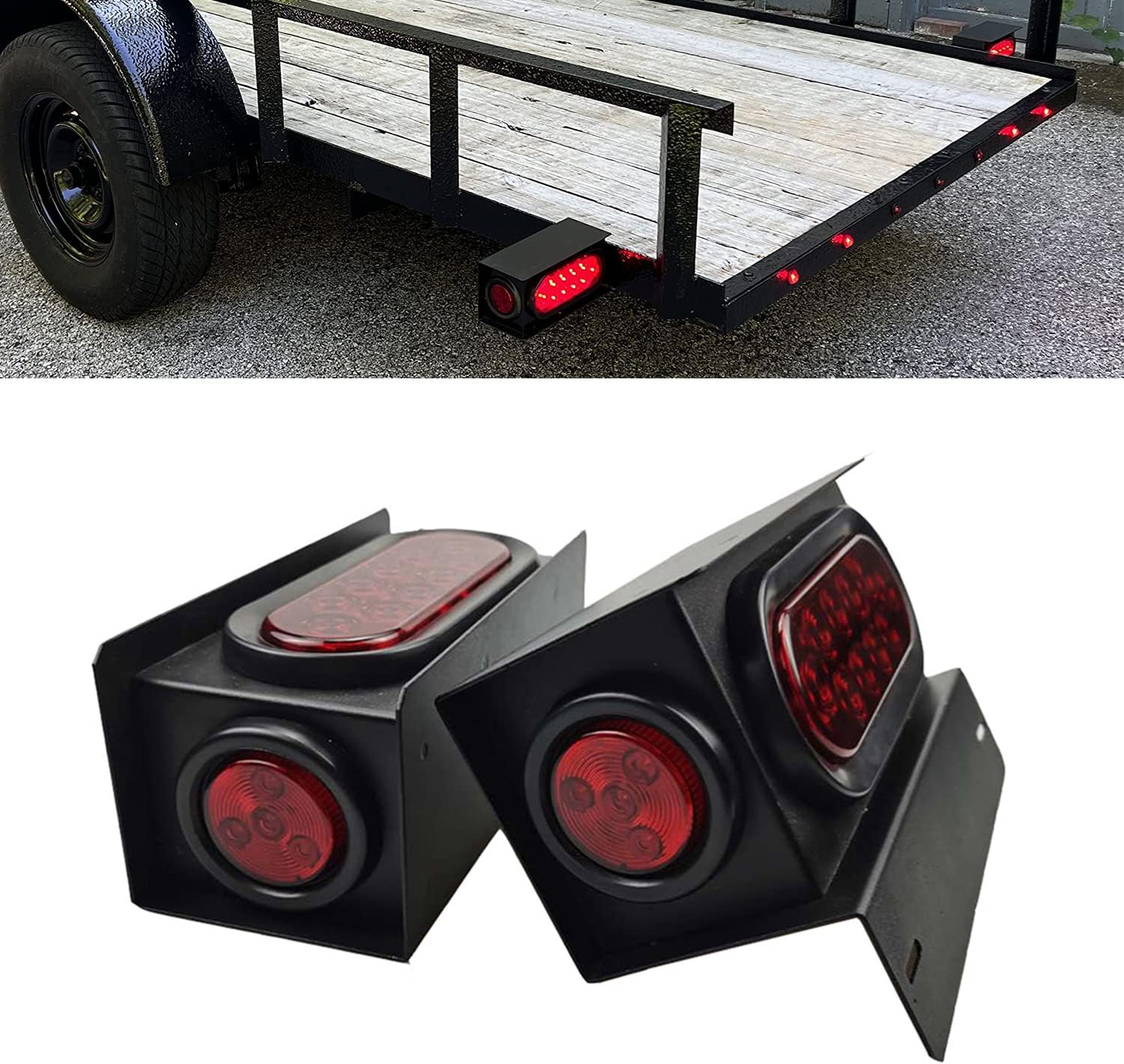 2 Pack Steel Trailer Light Box with 6" Red LED Oval Tail Lights & 2" Round Side Lights with License Plate Bracket for Trailer Truck
