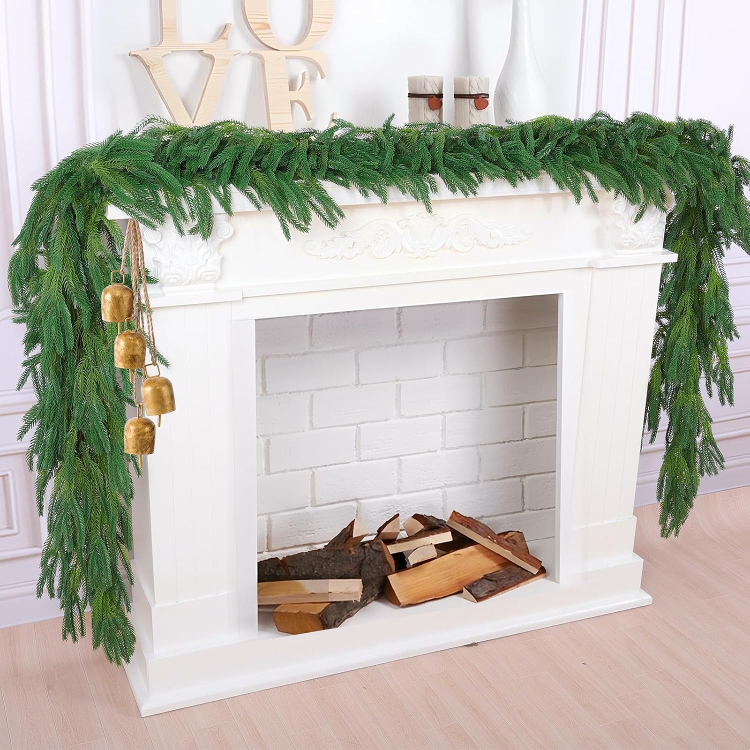Hananona 4 Pcs 9 Ft Artificial Norfolk Pine Garlands, Realistic Pine Garland, Green Artificial Greenery Garland for Table, Mantle, Wall, Indoor, Outdoor Winter Christmas Decorations (4, 9 FT)