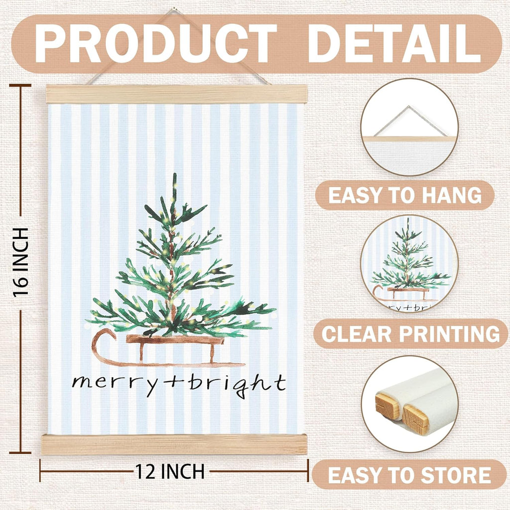 FDHSPAAM Christmas Pine Tree Wall Art Decor, Christmas Tree Decor, Blue and White Stripes Merry Xmas Holiday Wall Art Posters for Home Bedroom Living Room, 12x16 Inch