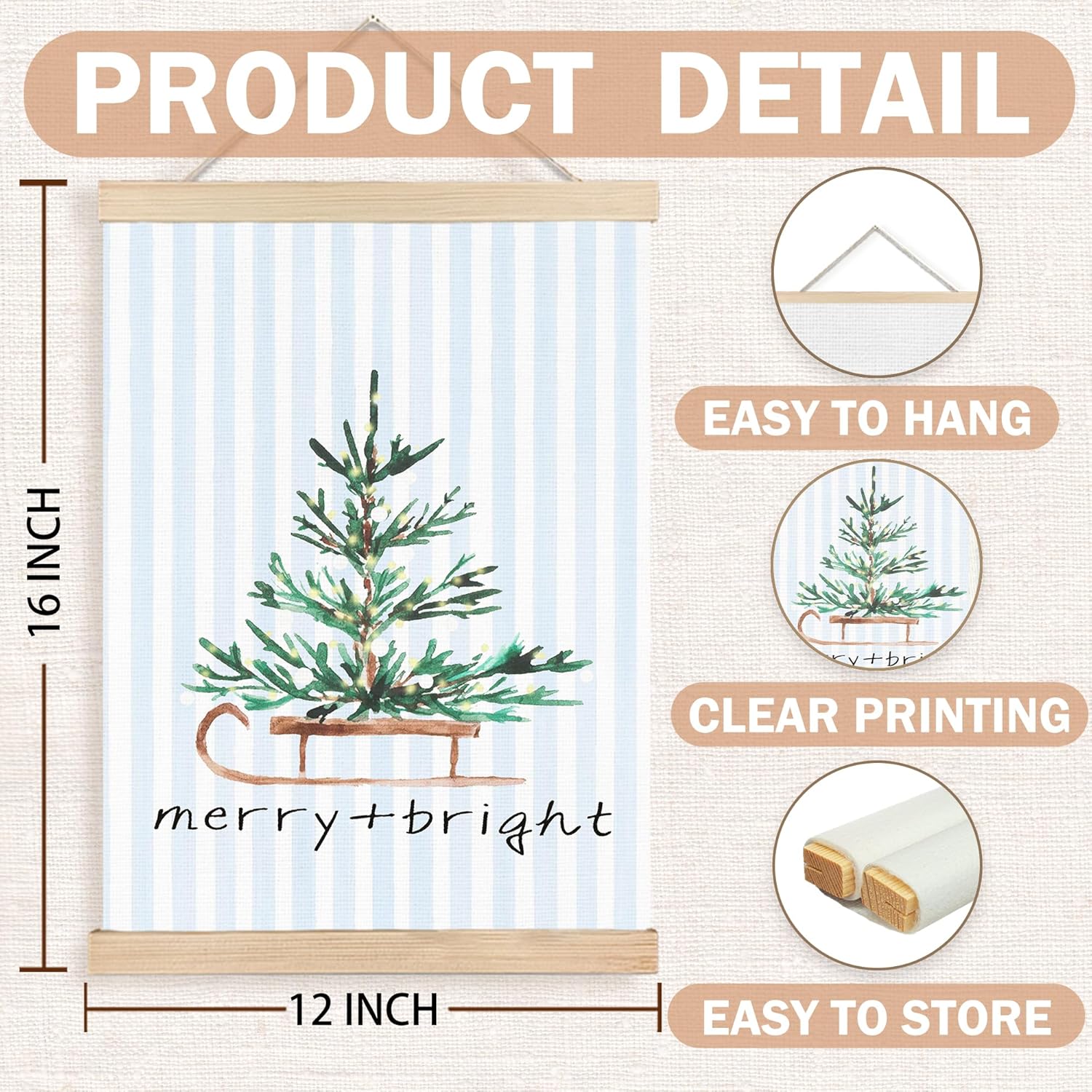 FDHSPAAM Christmas Pine Tree Wall Art Decor, Christmas Tree Decor, Blue and White Stripes Merry Xmas Holiday Wall Art Posters for Home Bedroom Living Room, 12x16 Inch