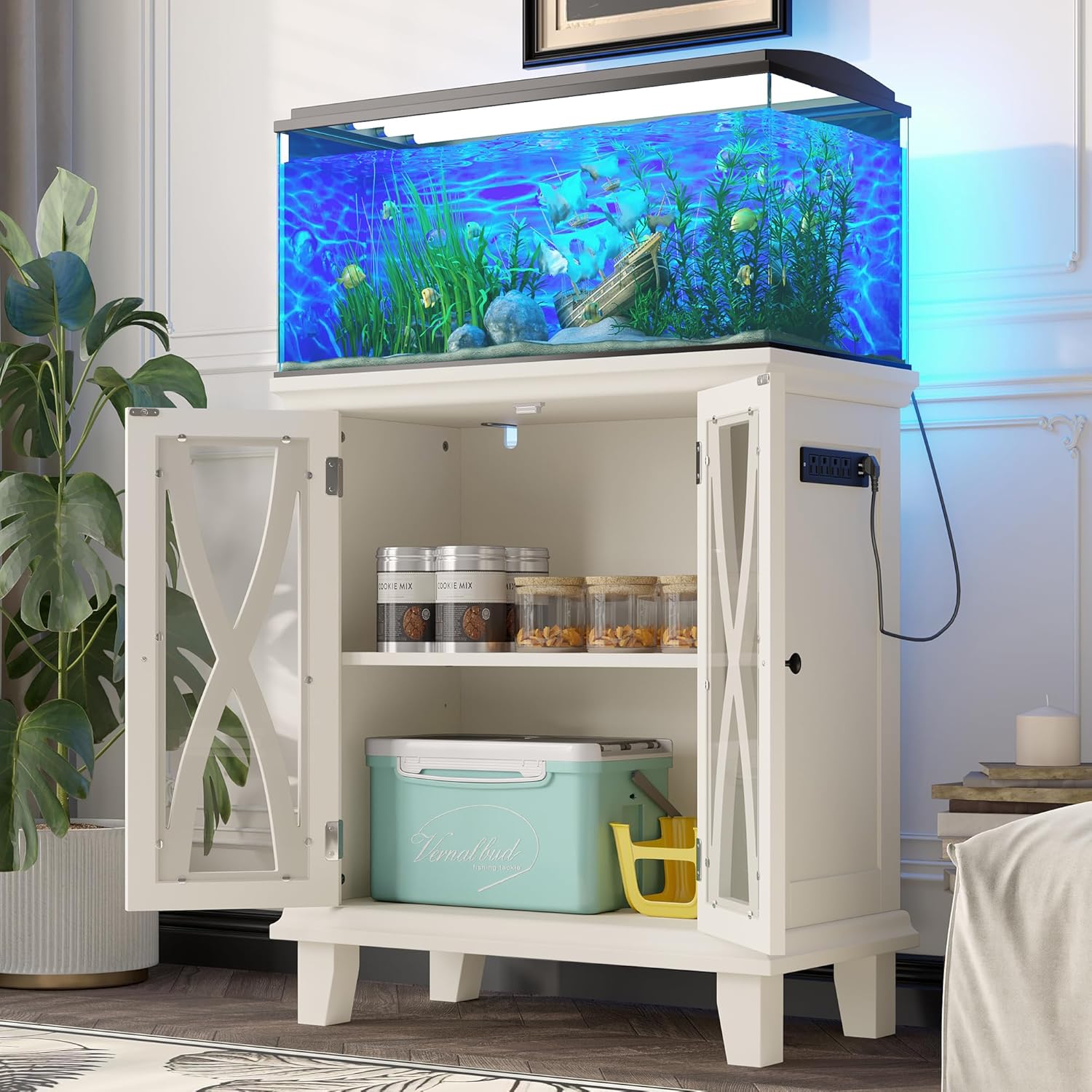 20 Gallon Aquarium Stand With Power Outlets, Farmhouse Fish Tank Stand, Reptile and Terrarium Stand with Cabinet Storage, Sturdy Heavy Duty 20.4" 12", Beige