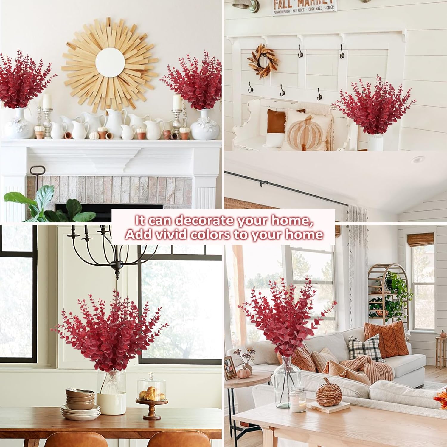 RECUTMS 36Pcs Red Eucalyptus Leaves Stems Artificial Leaf Branches Decor for Indoor Outdoor Valentines Day Christmas Picks Floral Arrangement Wedding Party Bouquet Home Office Table Decoration