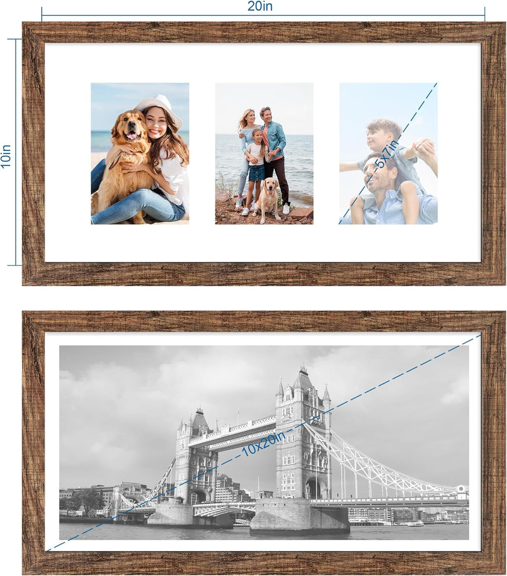 10x20 Picture Frame Set of 2, Rustic Brown Wood Frame with Real Glass Collage Frame, Display Pictures Three 5x7 With Mat or 10 x 20 Without Mat - Horizontal or Vertical Wall Mounting