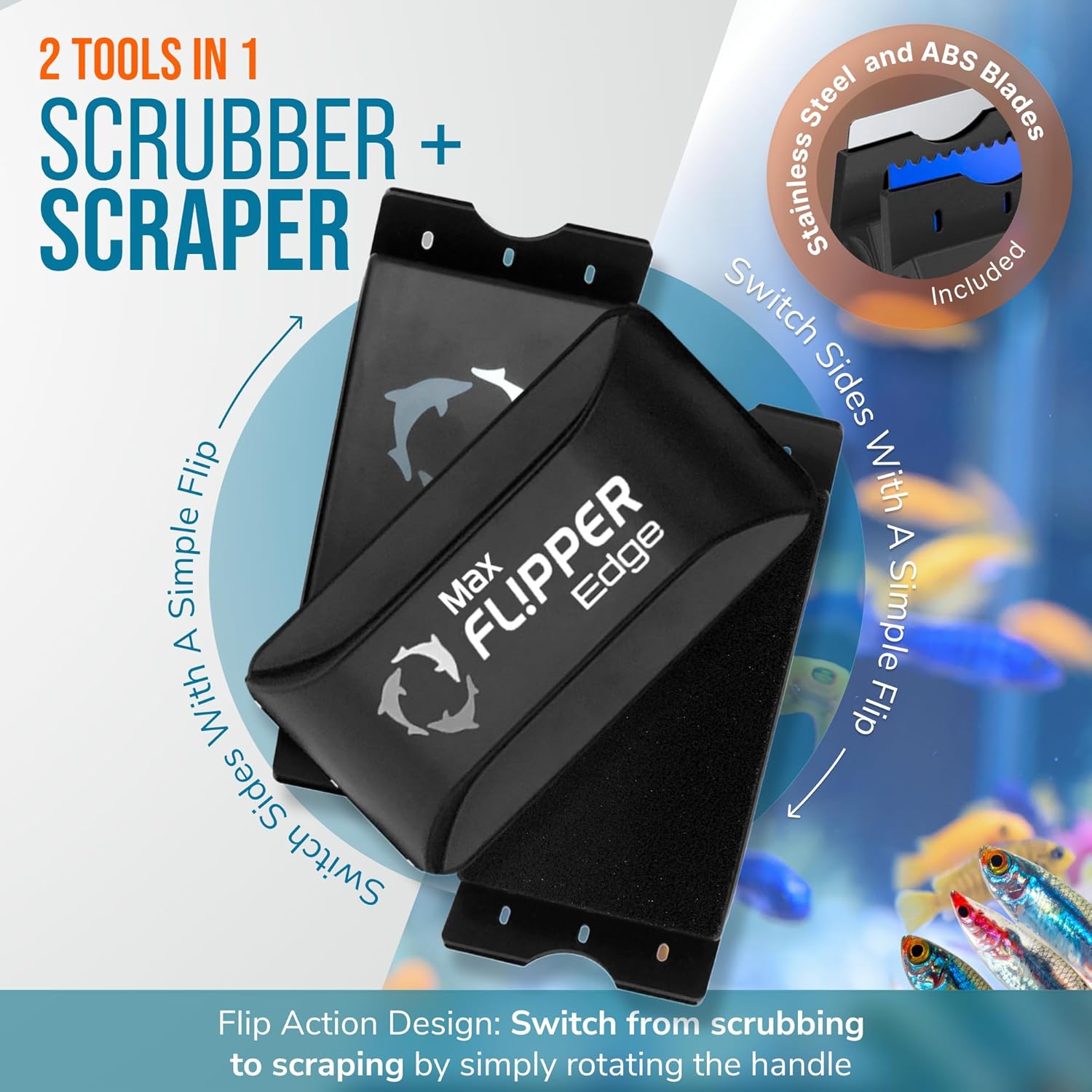 FLIPPER EDGE MAX Magnetic 2-in-1 Aquarium Cleaner for Glass and Acrylic Tanks up to 1 Inch (24mm) Thick – Dual Blade Design with Floating Algae Scraper and Cleaning Tool – Black