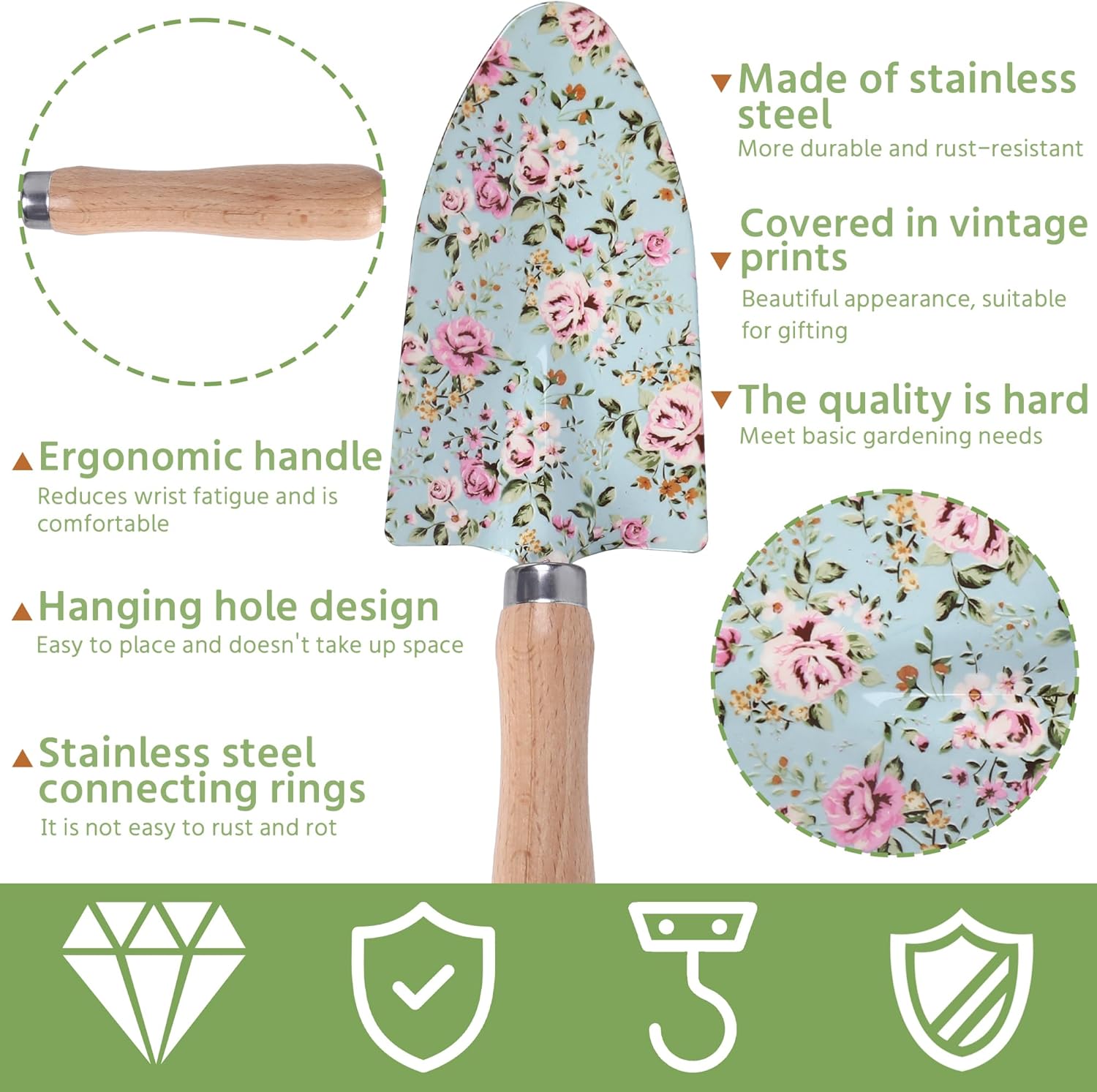 WNJ Gardening Tool Set, 10 PCS Heavy Duty Floral Pattern Garden Tools Set Kit, Complete Gardening Tool Bag Set, with Non-Slip Rubber Handle, Best Gifts for Women