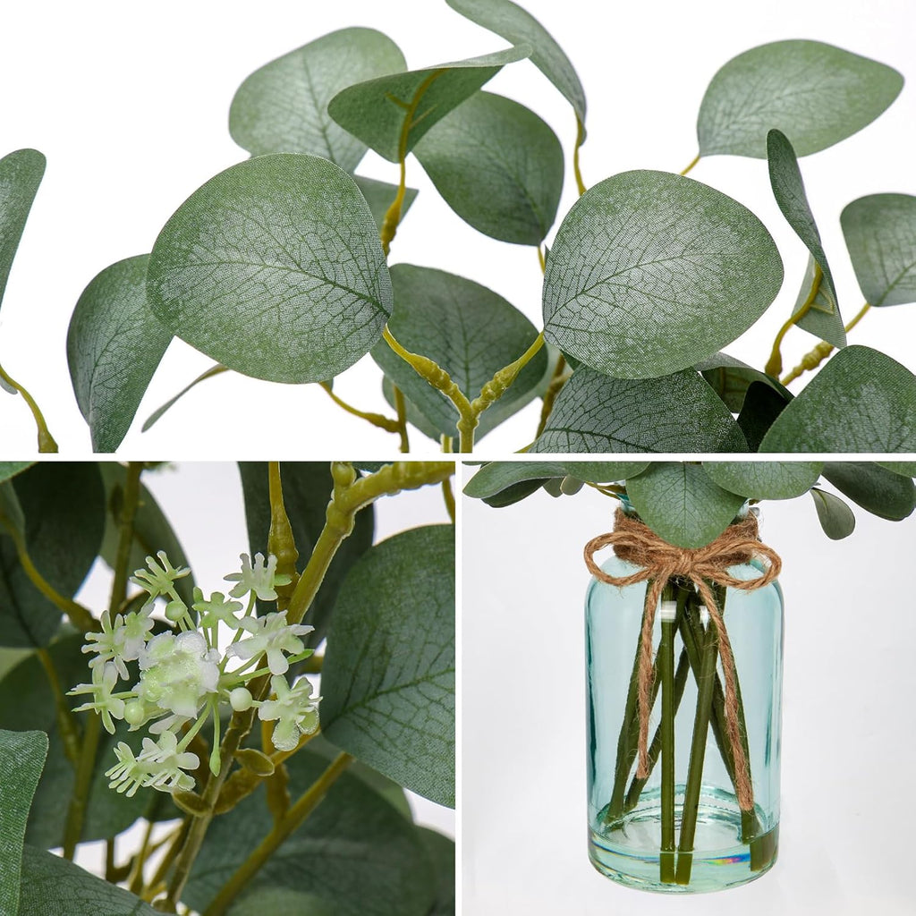 Briful Artificial Eucalyptus Stems in Blue Glass Vase with Faux Water, 14" Fake Plant Eucalyptus Leaves for Home Farmhouse Wedding Centerpiece Bathroom Décor