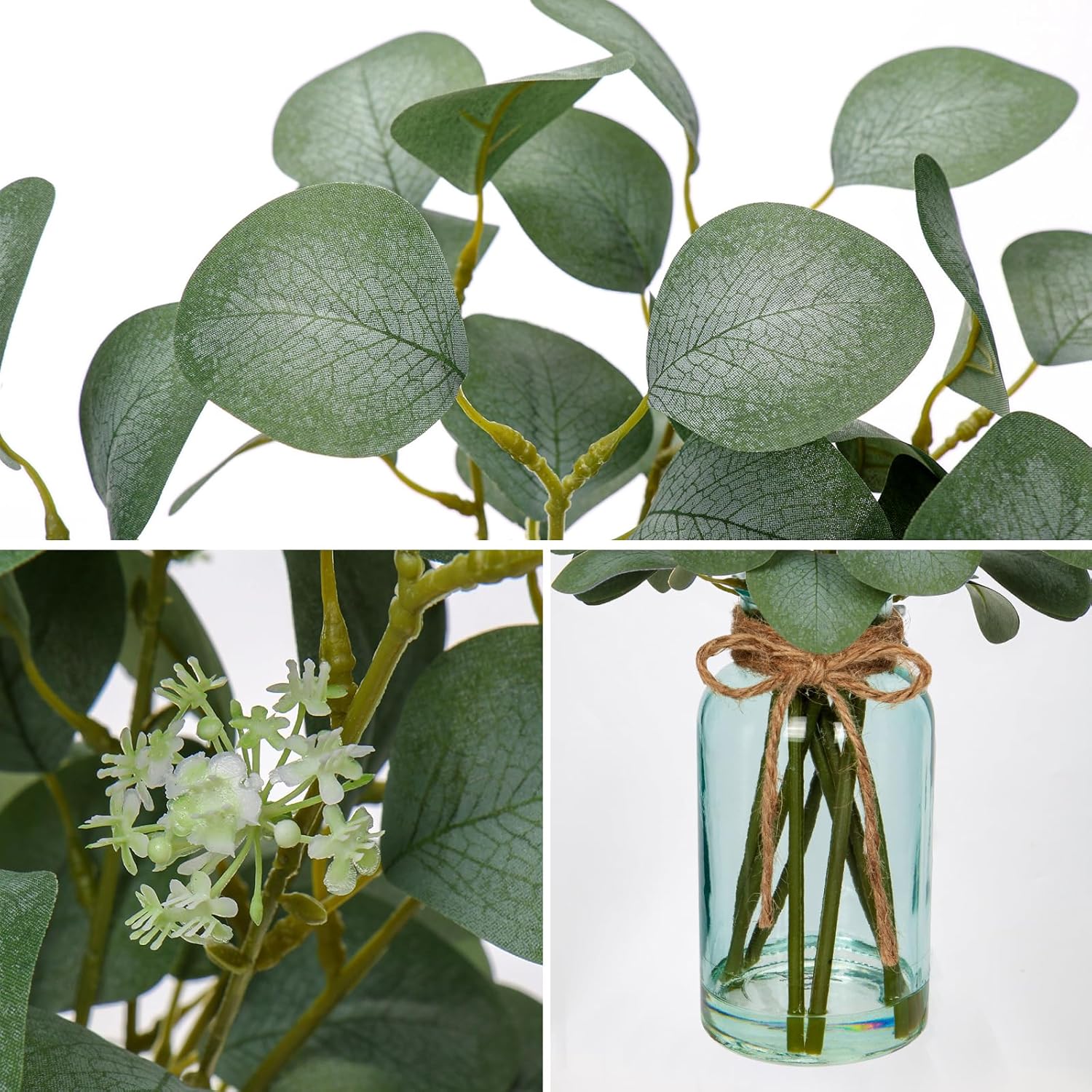 Briful Artificial Eucalyptus Stems in Blue Glass Vase with Faux Water, 14" Fake Plant Eucalyptus Leaves for Home Farmhouse Wedding Centerpiece Bathroom Décor