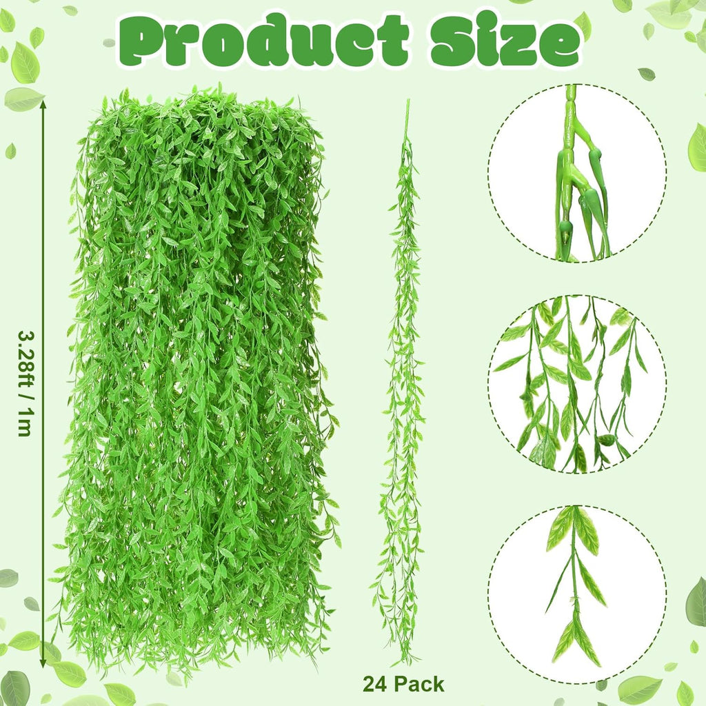 Riceshoot 24 Pcs Artificial Hanging Vines Fake Weeping Willow Leaves Decor Fake Seaweed Artificial Vines Greenery Garland for Wedding Party Backdrop Wall Decor Garden Patio Backyard (Fruit Green)