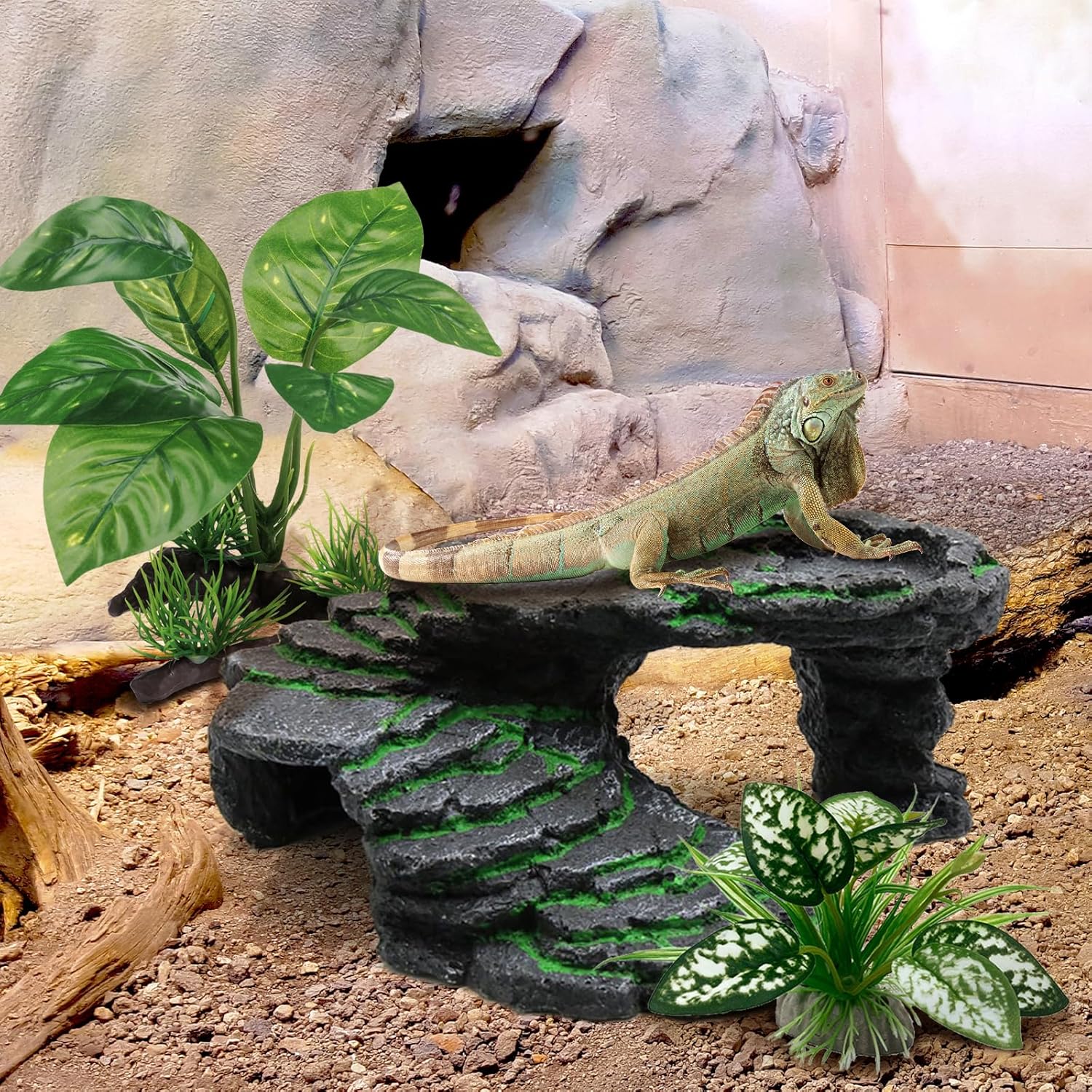 Reptile Artificial Plants, Terrarium Plants Decorations Supplies, Aquarium Fish Tank Plant, Amphibian Habitat Hideout Tank Accessories (M Set-2pcs/G)