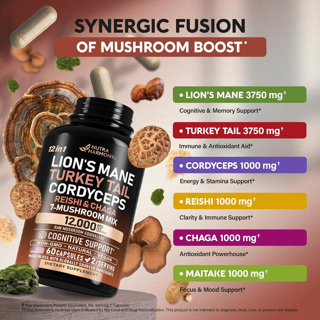 Mushroom Supplement - Organic Lions Mane | Turkey Tail | Chaga | Cordyceps | Reishi | Maitake | Shiitake | Meshima | Tremella | Oyster | Agaricus - Made in USA - Non GMO, Gluten Free - 60 Capsules