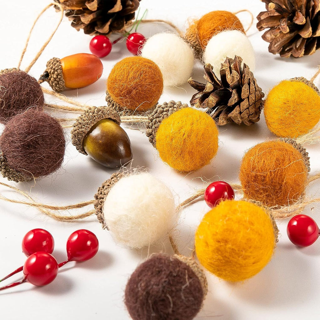 Boao 18 Pcs Felt Acorn Ornaments Fall Thanksgiving Wool Pom Acorn Ball Decor Hanging Pine Cone Garland with 32.8 ft Rope for Christmas Tree Woodland Farmhouse Mantel Wall Decor