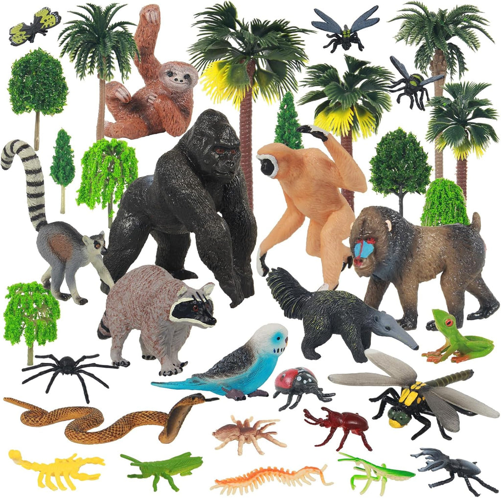 35 Pack Rainforest Animals Figures Set Animal Cake Decor Assorted Creatures Diorama Animals Model Trees for Birthday Party Favors, Piñata Fillers
