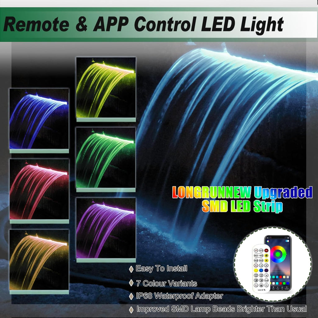 Gepas LONGRUNNEW Replacement 35.4'' LED Light Strip Color Changing for Waterfall Spillway Pool Fountain with Adapter, Remote Control Designed