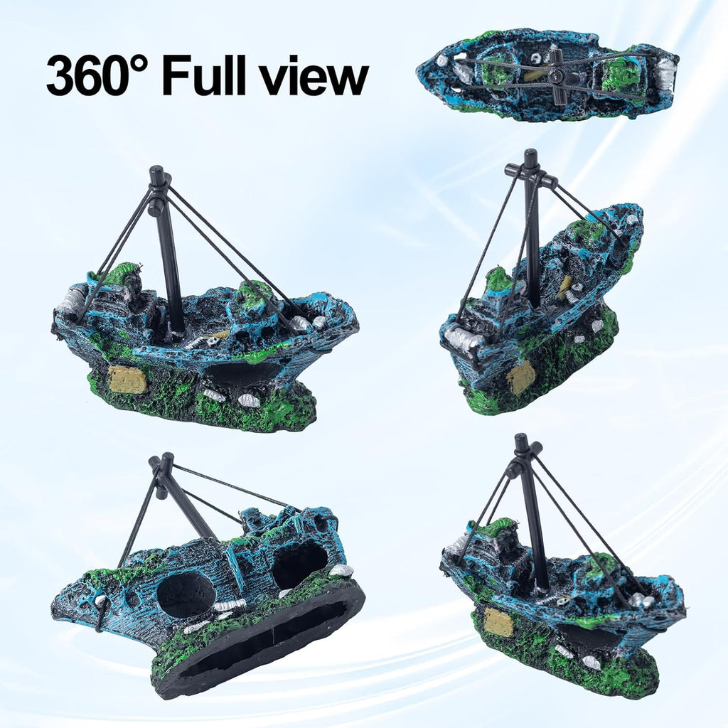 Fish Tank Decorations Set Sunken Ship Decoration,Resin Material Fish Tank Plants Accessories for Natural Look, Aquarium Shipwreck x 1pc, Aquatic Plants x 5pcs