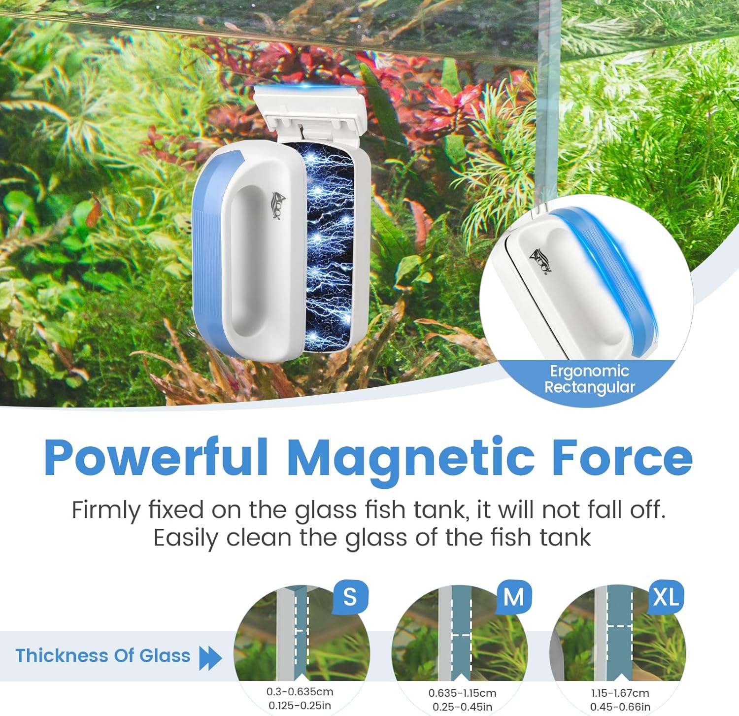 AQQA Aquarium Magetic Glass Cleaner Brush with 2 Detachable Scrapers Floating Fish Tank Cleaning Tools Algae Scraper for 0.25-0.45 inch Thick Glass/Acrylic Tanks (Medium)