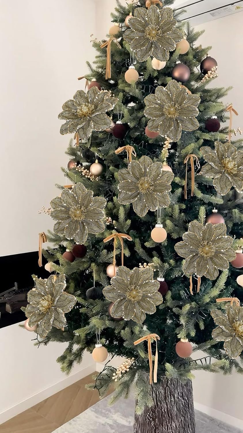 Briful 6PCS Gold Glitter Christmas Flower Picks, 21.7'' Artificial Poinsettia Stems with Sequins & Beads, 9.8'' Blossom Holiday Floral Picks for Tree, Wreath, Centerpiece, Christmas Decoration