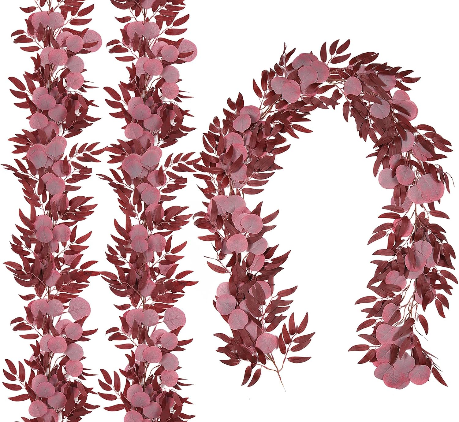 RECUTMS 2Pcs Artificial Eucalyptus Garlands with Willow Leaves 6.6Ft Faux Hanging Eucalyptus Willow Vines Fall Rattan Thanksgiving Christmas Party Wedding Table Centerpiece Fireplace Decor(Burgundy)