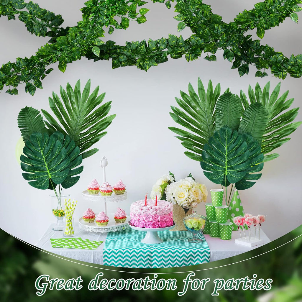 XunYee 60 Pcs Artificial Vines Greenery Garland and Monstera Palm Leaves Decoration Set, Fake Ivy Vines Tropical Faux Leaves Bulk for Jungle Safari Baby Shower Plant Party Decoration