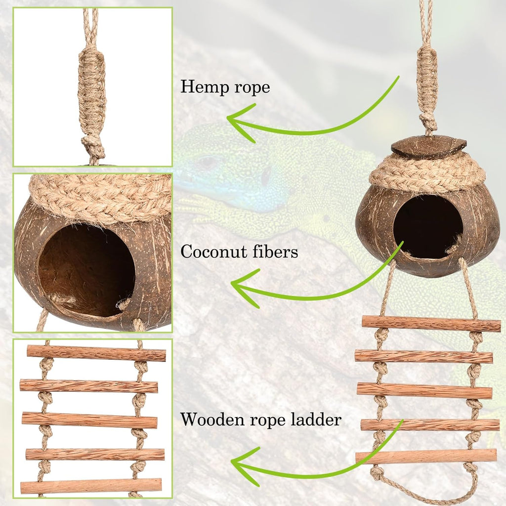 Hamiledyi Lizard Coco Den Reptile Hideouts Gecko Coconut Shell Hut Coconut hut for Geckos Bearded Dragon Tank Accessories Coconut Lizard Hut with Ladder - Natural Coconut Fiber