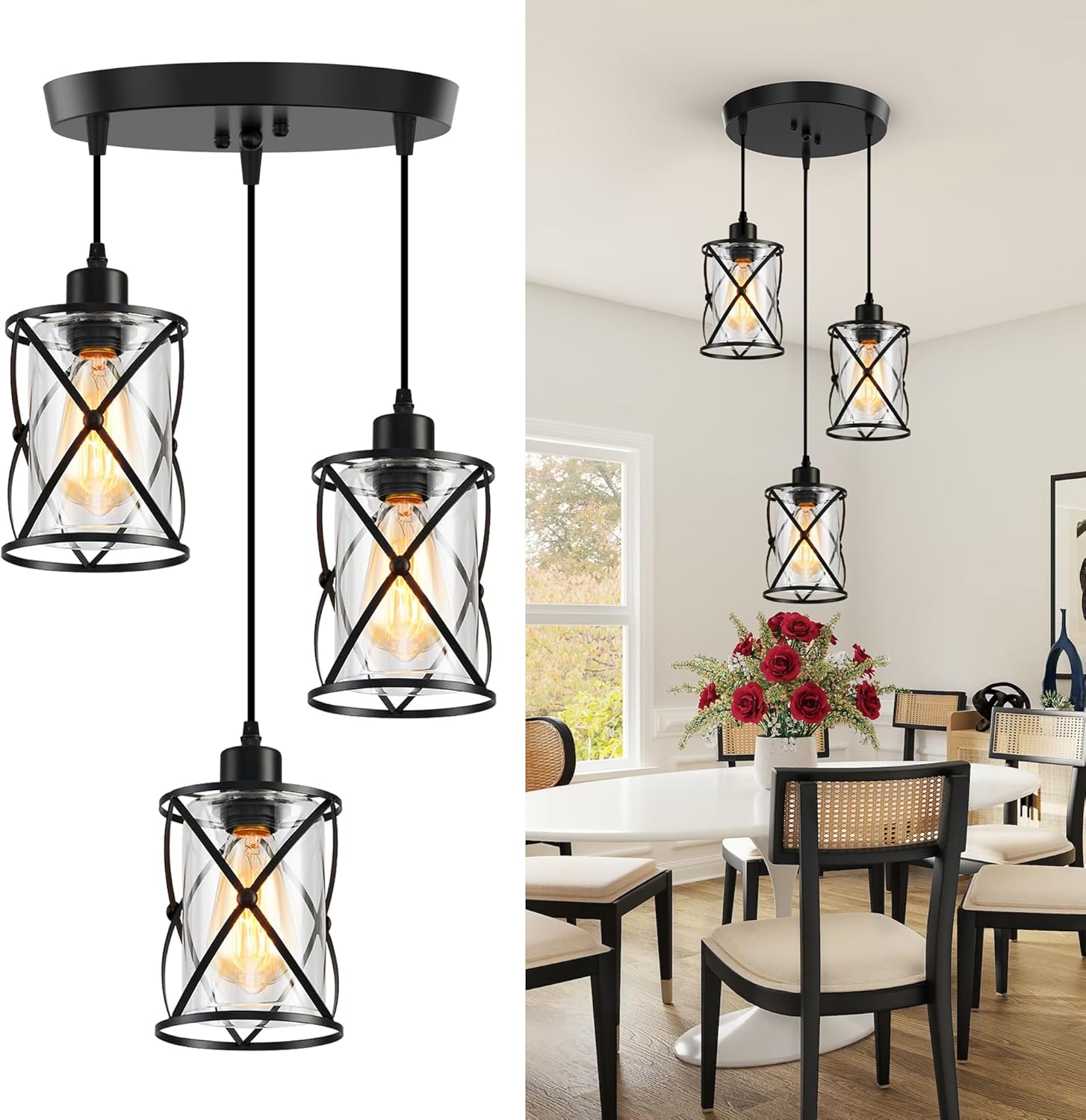 3-Light Pendant Lighting, Industrial Farmhouse Hanging Light Fixture with Clear Glass Shades, Adjustable Height Matte Black Vintage Ceiling Lamp for Kitchen Island & Dining Room, E26 Base