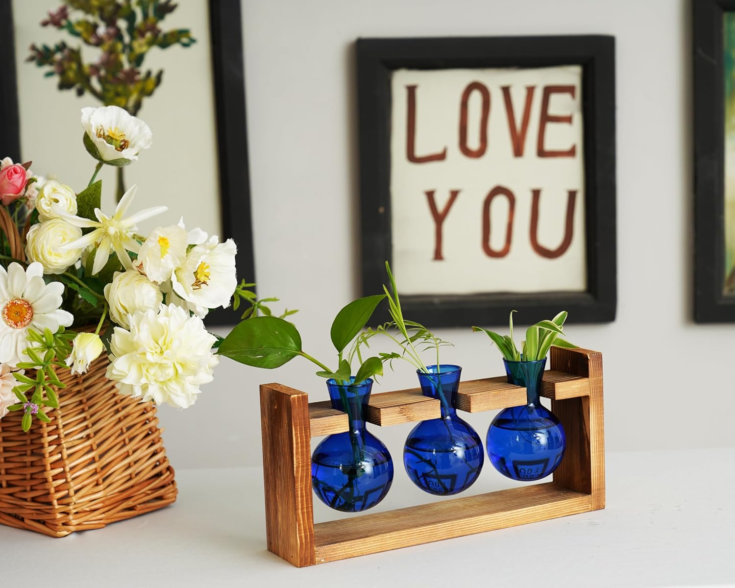 Kingbuy Glass Plant Terrarium Propagation Station - 3 Bulb Colored Vases with Retro Wood Stand Indoor Garden Planter - Wall Mounted & Desktop Decor for Home Kitchen Wedding, Gift for Plant Lover, Blue