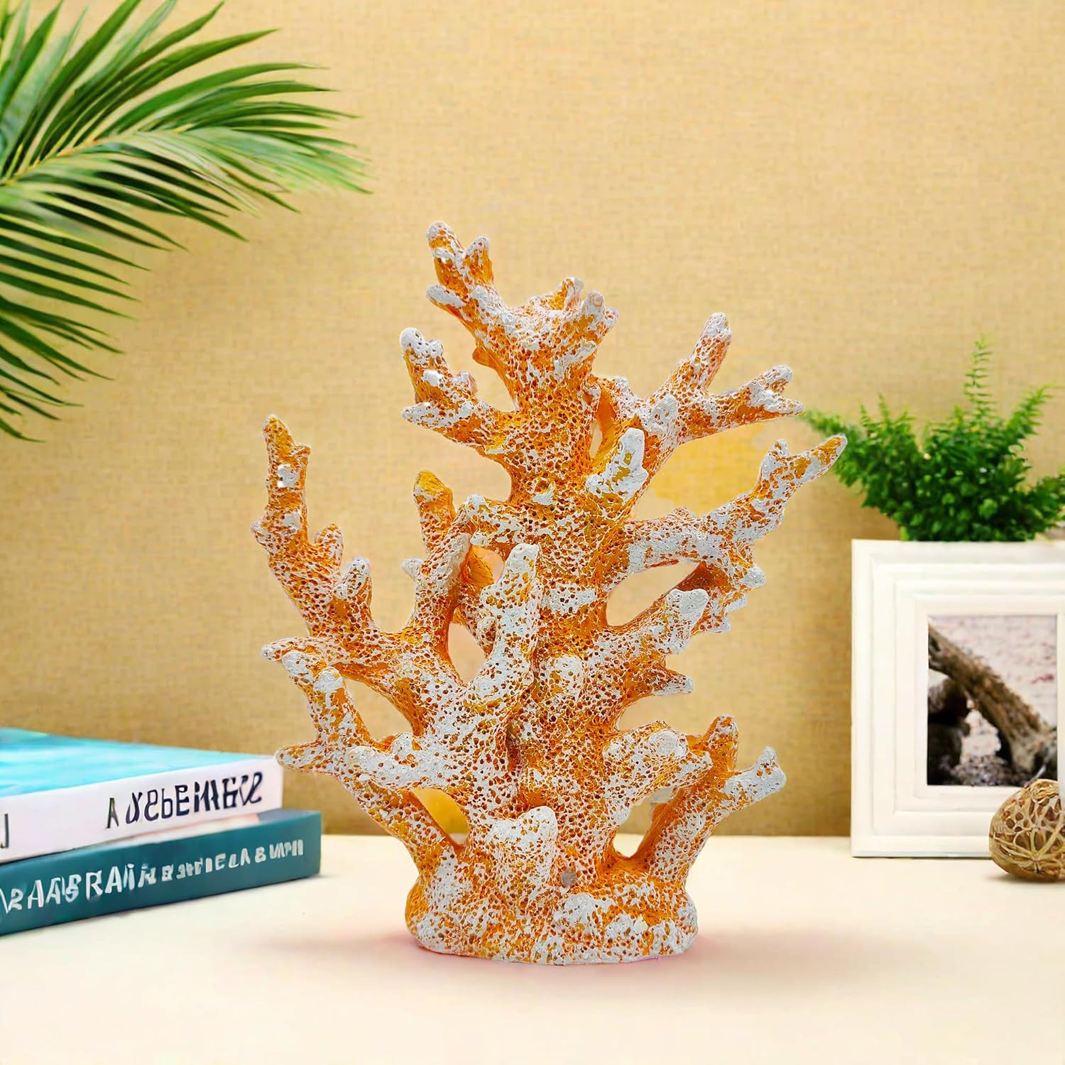 Beach Coastal Decor Coral Reef Home Decor Coral Statue Sculpture Home,Desk,Bathroom,Desktop Shelf Statue,Marine Themed Gifts (Golden Orange Coral)
