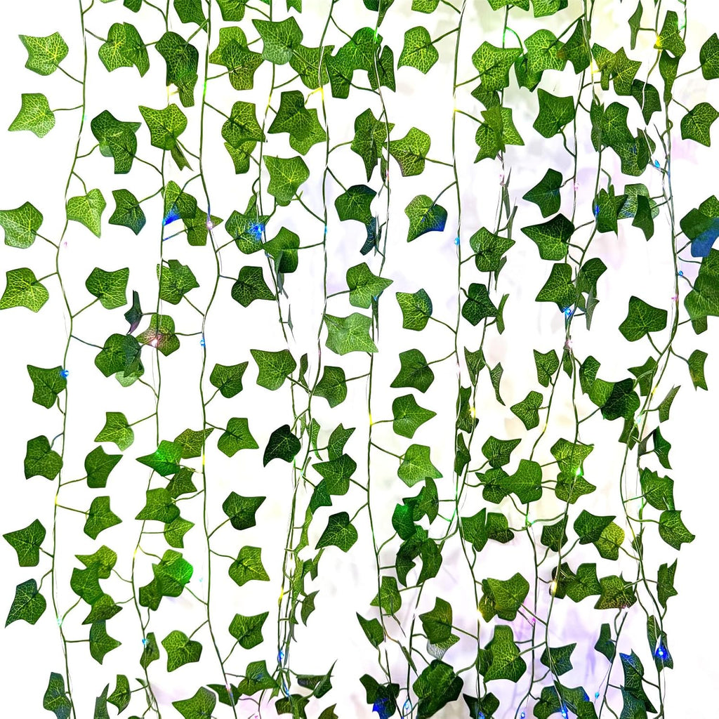 6 Pcs Artificial Hanging Plants Sweet Potato Leaf Vine with 60 Colored Lights,Fake Plant Vine Hanging Garland for Wall,Party Wedding, Home,Kitchen,Indoor and Outdoor Decoration (Creeper Vine Leaves)
